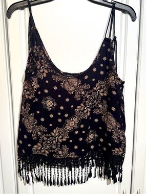 F21 Boho Floral Fringe Black Tank Top